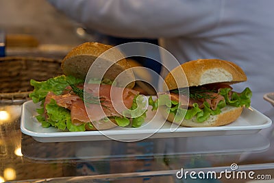 Tasty and healthy sandvich sold at take away stand. Stock Photo