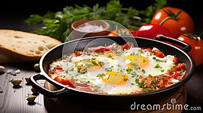 Tasty and healthy shakshuka in frying pan. Eggs poached in tomato pepper sauce Stock Photo