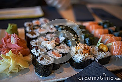 Tasty, healthy, healthy sushi served at a resteraunt dinner Stock Photo
