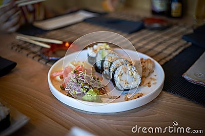 Tasty, healthy, healthy sushi served at a resteraunt dinner Stock Photo