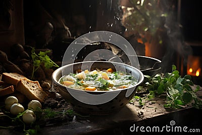 Tasty homemade vegetables soup on wodden table. AI Generated Stock Photo