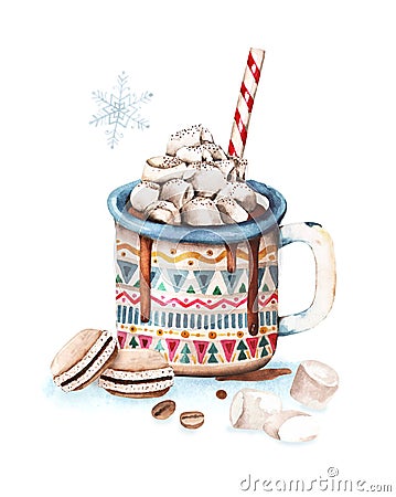 Tasty hot chocolate cup with marshmallows, red and blue ornament. Christmas watercolor greeting card design element. Cartoon Illustration