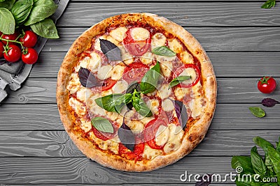 Tasty hot italian classic Margherita with tomatoes, cheese. Pizzeria menu. Concept poster for Restaurants or pizzerias. Stock Photo