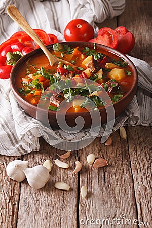 Tasty Hungarian goulash soup bograch close-up and ingredients. v Stock Photo
