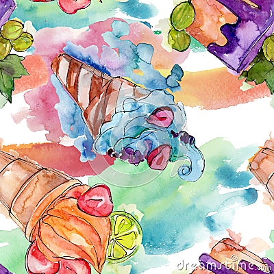 Tasty ice cream cone sweet dessert. Watercolor background illustration set. Seamless background pattern. Cartoon Illustration