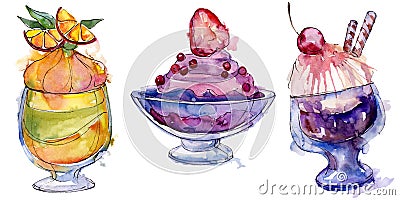 Tasty ice cream in a watercolor style. Aquarelle sweet dessert illustration set. Isolated desserts background element. Cartoon Illustration