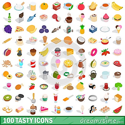 100 tasty icons set, isometric 3d style Vector Illustration