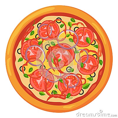 Tasty italian pizza top view. Delicious food icon Vector Illustration