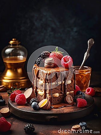 Tasty layered chocolate cake with custard topped with chocolate sauce and berries. Created with generative AI Stock Photo