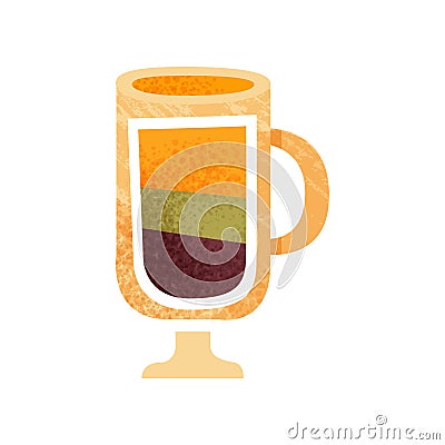 Tasty layered drink in glass with handle. Sweet beverage in transparent cup. Icon with texture. Flat vector design Vector Illustration