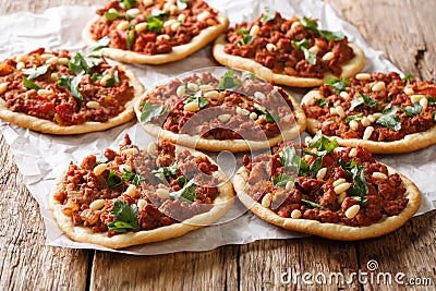 Tasty Lebanese pizza Sfiha with minced meat, tomatoes, onions, spices and pine nuts closeup. horizontal Stock Photo