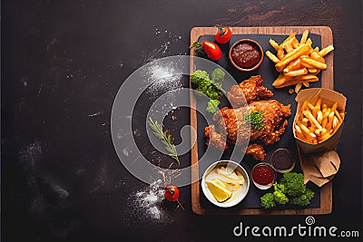 Tasty looking Fried chicken food meal with fries salad and dips chips Stock Photo