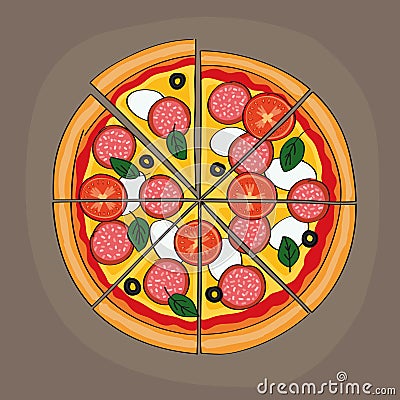 Tasty looking sliced salami pizza with tomatos, mozzarella, olives and basil Vector Illustration