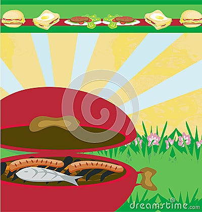 Tasty meat on the grill - barbecue Party Invitation Vector Illustration