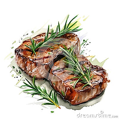 tasty meat steak grilled with rosmary herb watercolor paint Stock Photo