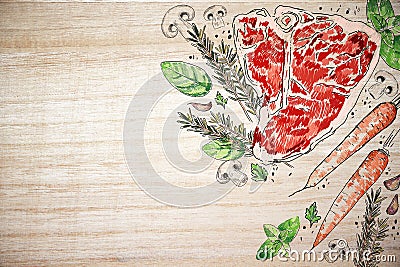 Tasty meat steak wooden backdrop Cartoon Illustration