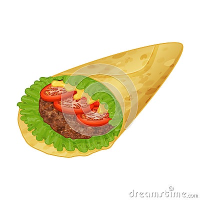 Tasty mexican burrito icon on white background. Vector Illustration