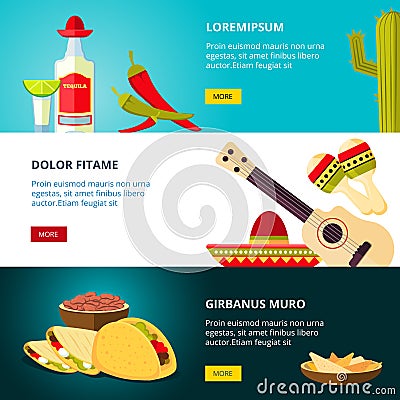 Tasty mexican traditional cuisine food restaurant vector banners set Vector Illustration