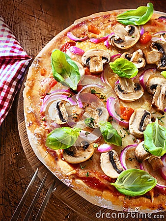 Tasty mushroom and onion pizza Stock Photo