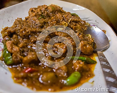 Tasty mutton curry on white plate Stock Photo