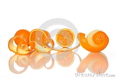 Tasty oranges and orange peel Stock Photo