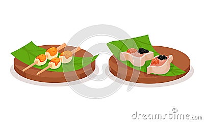 Tasty Oriental Snacks with Sushi Served on Green Leaf Vector Set Vector Illustration