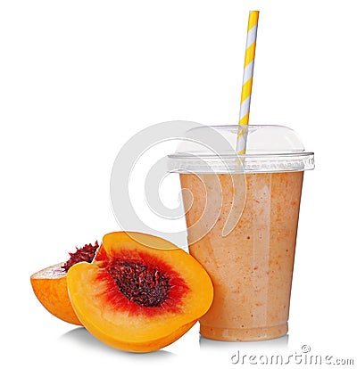 Tasty peach milkshake in plastic cup isolated Stock Photo