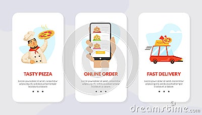 Tasty Pizza Online Order Landing Page Template, Traditional Italian Food Express Delivery, Online Ordering and Catering Vector Illustration