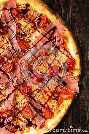 Tasty Pizza on Wooden Boards. Top Down Overhead View. Menu Brochure Layout Design Stock Photo