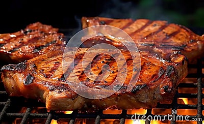 Tasty Pork Chops: Smoky Flavor on the Charcoal Grill Stock Photo