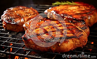 Tasty Pork Chops: Smoky Flavor on the Charcoal Grill Stock Photo