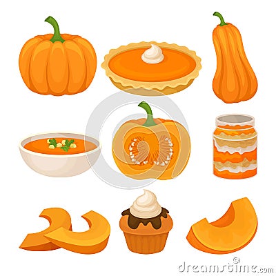 Tasty pumpkin dishes set, fresh ripe pumpkin and traditional Thanksgiving food vector Illustration on a white background Vector Illustration