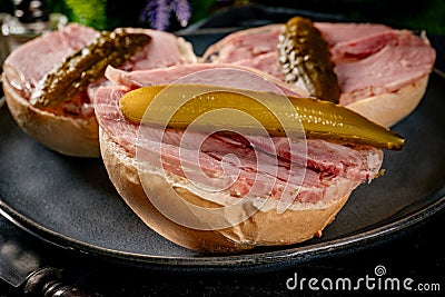 Tasty sandwich with brawn and pickled cucumber Stock Photo