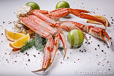 Tasty seafood. Crab claws on white background. Horisontal shot. Close-up Stock Photo
