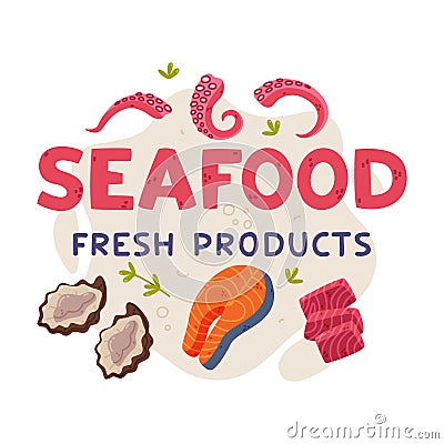 Tasty Seafood and Fresh Sea Product Vector Composition Vector Illustration