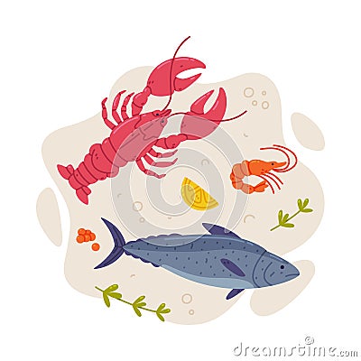 Tasty Seafood and Fresh Sea Product Vector Composition Stock Photo