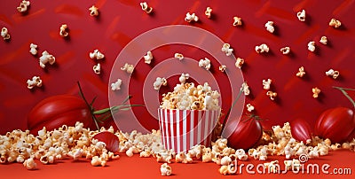 cinema corn blue salty film red background popcorn food box bucket. Generative AI. Stock Photo