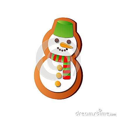 Tasty snowman fresh gingerbread with green bucket and colorful scarf Vector Illustration