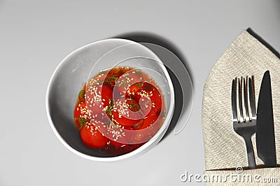 Tasty soup with blanched tomatoes, above view Stock Photo