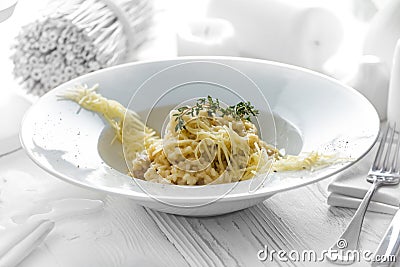 Tasty spaghetti with cheese on a plate Stock Photo