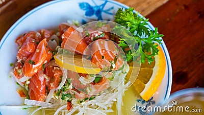 Tasty Spicy Fresh Salmon Salad Stock Photo