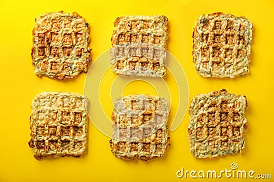 Tasty squash waffles on color background, top view Stock Photo