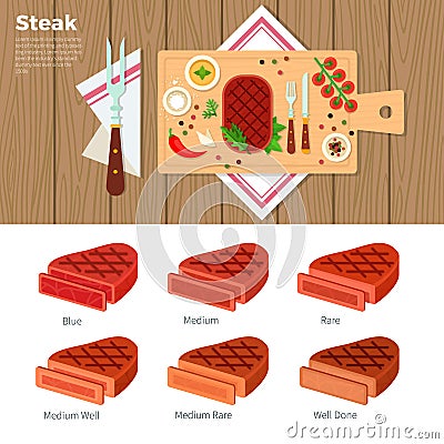 Tasty steak served on the table Vector Illustration