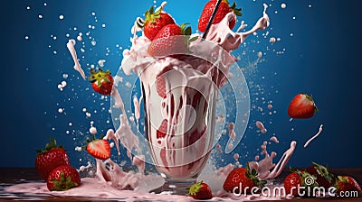 Tasty strawberry milkshake topped with cream, with splashes Stock Photo