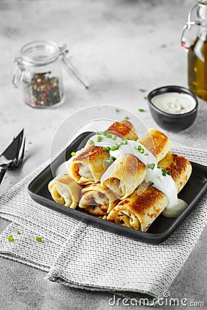 Tasty stuffed pancakes crepes with meat closeup. Thin pancakes with fillings. Russian Fried Stuffed Pancakes Blintzes with Meat Stock Photo