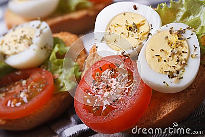 Tasty useful sandwiches with boiled quail eggs, Stock Photo