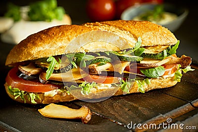 Tasty vegan baguette with mushrooms and greens Stock Photo