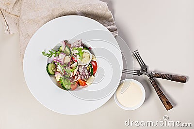 Tasty vegetable salad with egg, mozzarella and olive oil. Healthy food. Organic vegetables: Peking cabbage, cucumber, red onions, Stock Photo