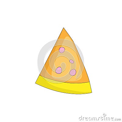 Tasty yellow a slice of pizza cartoon icon. Italian fast food pizza with cheese and pepperoni vector icon. Flat a piece Vector Illustration