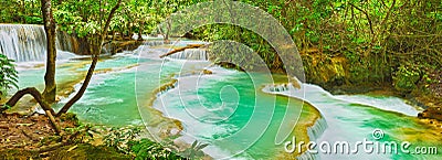 Tat Kuang Si Waterfalls. Beautiful panorama landscape. Laos. Stock Photo